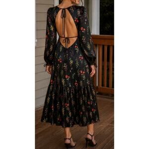 ASOS Floral Midi Dress Open Back Long Sleeve Black Cottagecore Boho 6